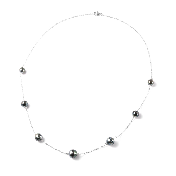 TJC Launch - Tahitian Pearl Station Necklace (Size - 24) in Rhodium Overlay Sterling Silver