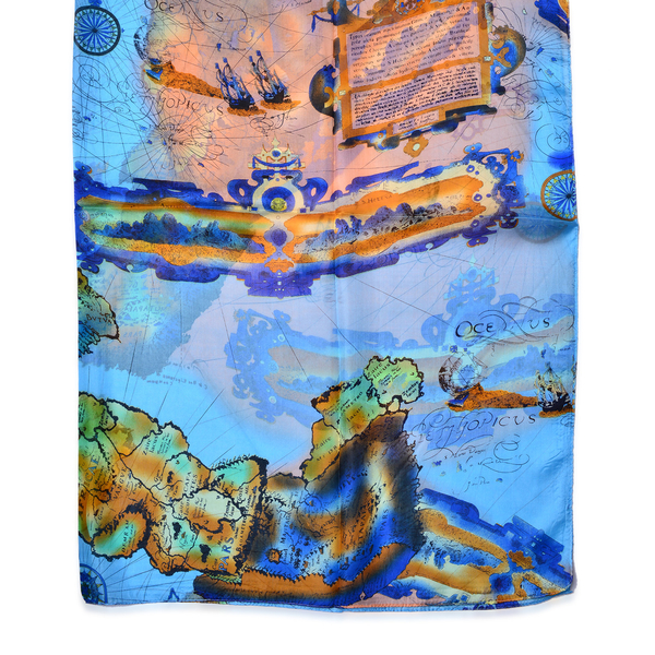 100% Mulberry Silk Map and Nautical Pattern Light Blue, Peach and Multi Colour Scarf (Size 180x110 Cm)