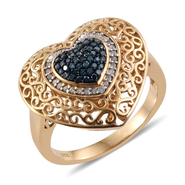 Blue Diamond (Rnd), White Diamond Heart Ring in 14K Gold Overlay Sterling Silver 0.330 Ct.
