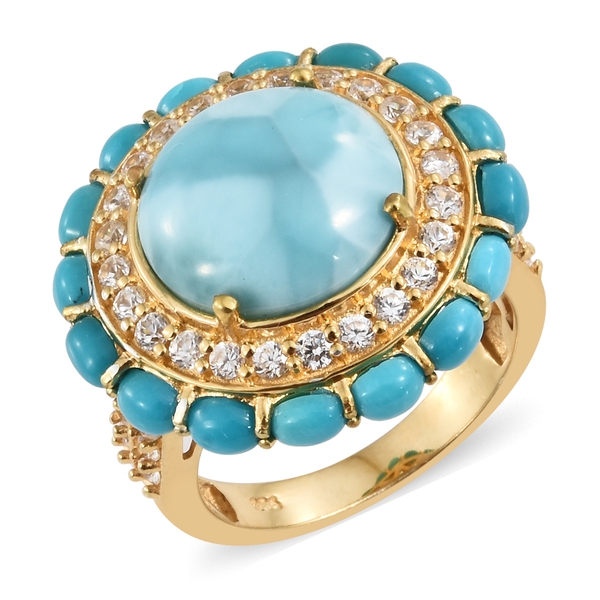 Larimar (Rnd 9.75 Ct), Arizona Sleeping Beauty Turquoise and Natural Cambodian Zircon Ring in 14K Go