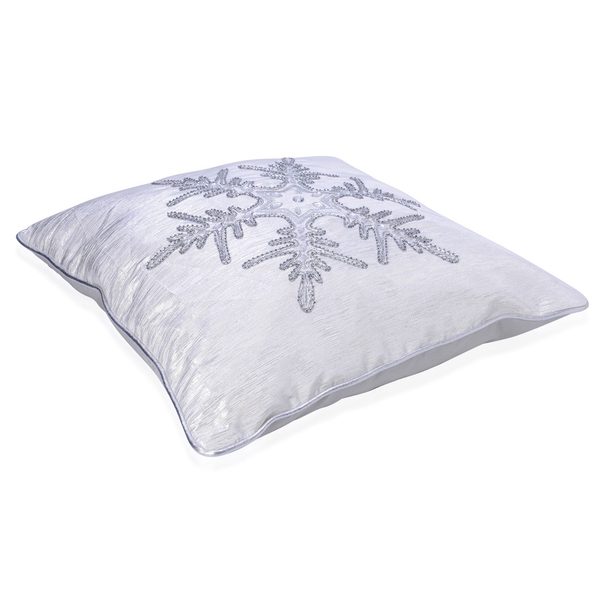 Beaded and Embroidered Snowflake Pattern Grey Colour Cushion Made with Cotton, Rayon, Linen and Other Fibre (Size 45x45 Cm)