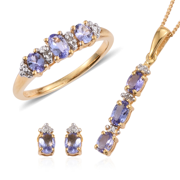 Tanzanite (Ovl), Diamond Ring, Pendant with Chain and Stud Earrings (with Push Back) in 14K Gold Ove