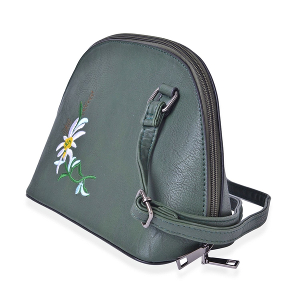 Dark Green, White and Multi Colour Flower Embroidered Crossbody Bag with Adjustable Shoulder Strap (Size 22X17X10 Cm)
