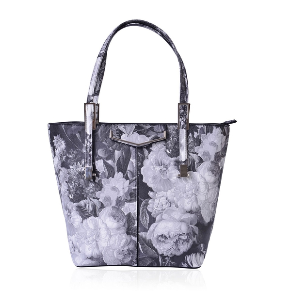 Chelsea Grey with Black Floral Pattern Tote Bag With Adjustable Shoulder Strap  (Size 39x29x32x15 Cm