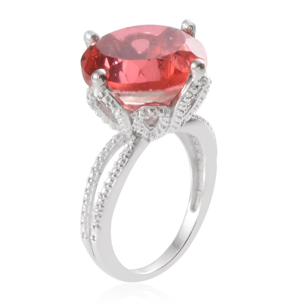 Padparadscha Colour Quartz (Rnd 11.50 Ct), Diamond Ring in Platinum Overlay Sterling Silver 11.510 Ct.