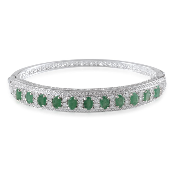 Kagem Zambian Emerald (Ovl), White Topaz Bangle (Size 7.5) in Platinum Overlay Sterling Silver 7.250
