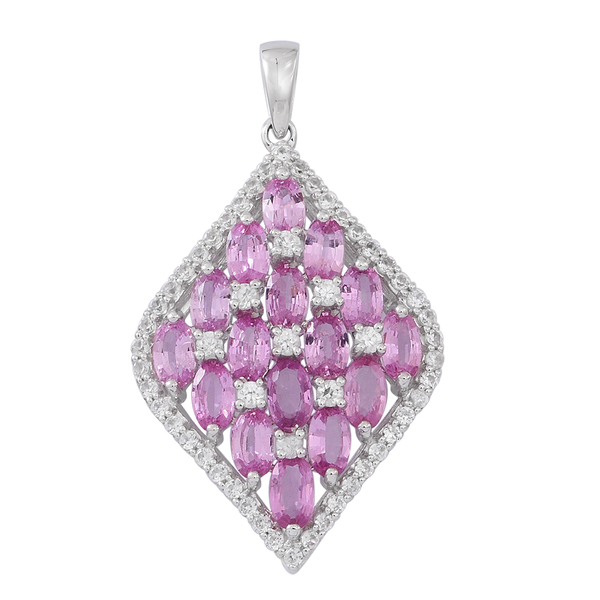 9K White Gold AAA Pink Sapphire (Ovl), Natural White Cambodian Zircon Pendant 6.350 Ct.Gold Wt 3.50 