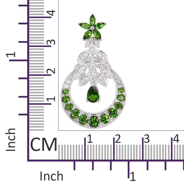 Chrome Diopside (Pear), Natural Cambodian White Zircon Dangle Earrings (with Push Back) in Rhodium Overlay Sterling Silver 5.020  Ct, Silver wt 8.81 Gms.
