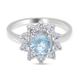Ratanakiri Blue Zircon and Natural Cambodian White Zircon Floral Halo Ring in Rhodium Overlay Sterling Silver 1.50 Ct.