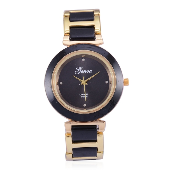 Diamond studded  GENOA Black Ceramic Japanese Movement Black Dial Water Resistant Watch in Gold Tone