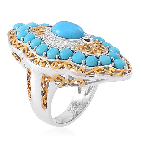 Arizona Sleeping Beauty Turquoise (Ovl 2.70 Ct), Kanchanaburi Blue Sapphire Ring in Rhodium Plated Sterling Silver 7.500 Ct. (Sterling Silver Wt 20.00 Gms)