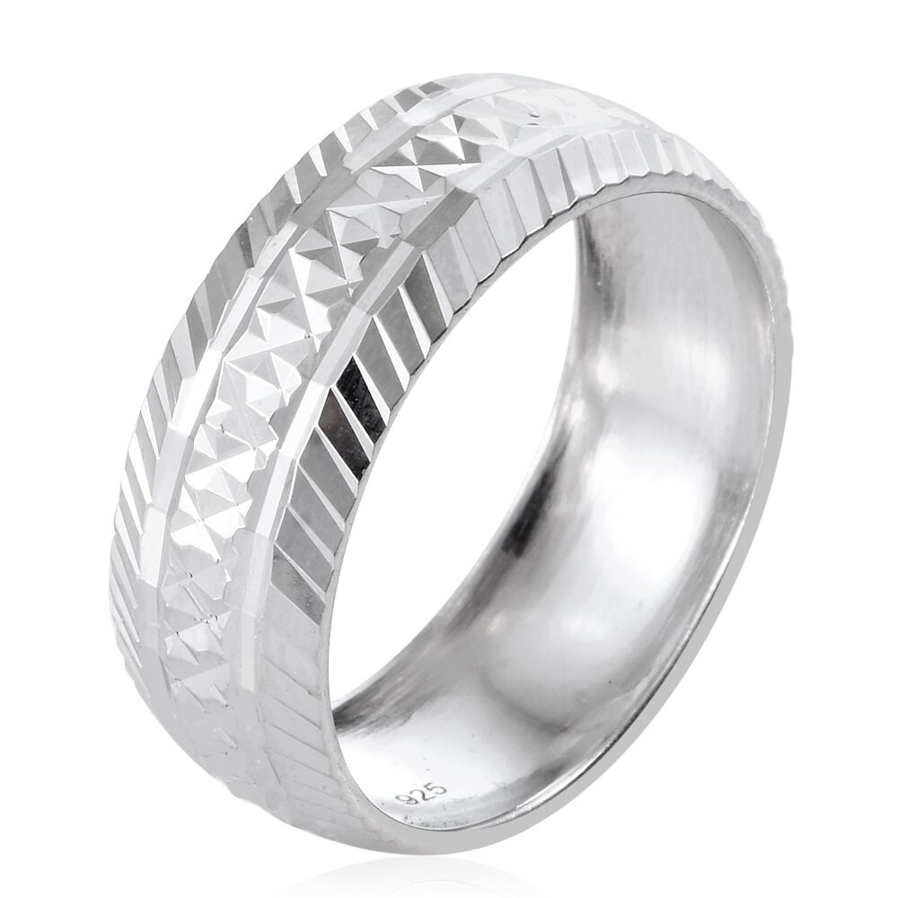 Rhodium Plated Sterling Silver Diamond Cut Band Ring, Silver wt 3.70 Gms.