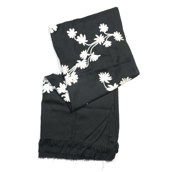 100% Merino Wool Kashmiri Hand Embroidery (Wool and Silver Thread) Heavy Weight Scarf (Size 195x70 Cm) Black & Silver- Upto 400 Gms