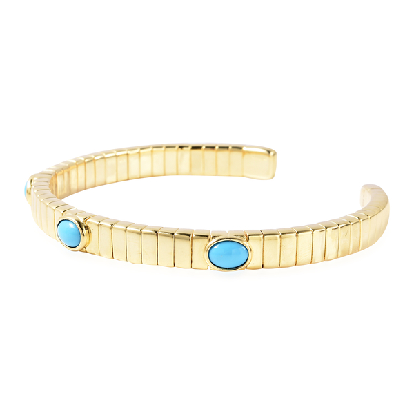 GP Tubogas Collection- Arizona Sleeping Beauty Turquoise and Blue Sapphire Bangle (Size 7.5) in Yellow Gold Overlay Sterling Silver 2.13 Ct, Silver wt. 33.25 Gms