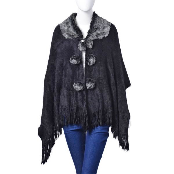Winter Special - Black Colour Poncho with 6 Pom Pom and Faux Fur Collar (Size 160x55 Cm)