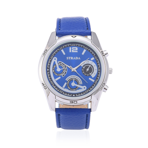 STRADA Japanese Movement Chronograph Look Blue Dial Water Resistant Watch in Silver Tone with Stainl