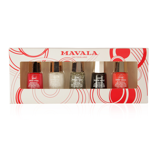 Mavala- Party Nights 5 x Nail Polish 5ml- Sunset Orange, Arty Pink, Antartic, Sparkling Silver and B