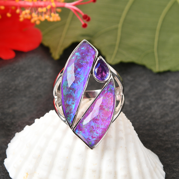 Sajen Silver ILLUMINATION Collection - Doublet Quartz and Rainbow Lavender Ring in Rhodium Overlay S