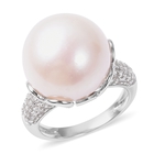 Edison Pearl (Rnd), Natural White Cambodian Zircon Ring (Size M) in Rhodium Overlay Sterling Silver