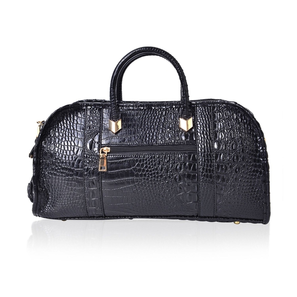 Black Colour Croc Embossed Tote Bag with External Zipper Pocket and Adjustable and Removable Shoulder Strap (Size 40.5X21.5X15 Cm)