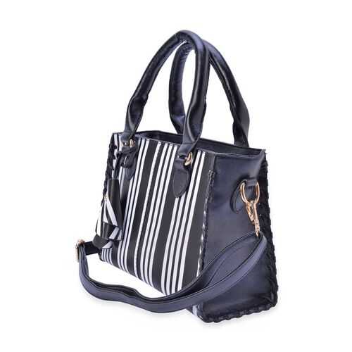 Black and White Colour Stripe Pattern Tote Bag with External Zipper Pocket and Adjustable and ...