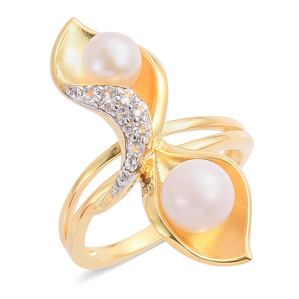 Japanese Akoya Pearl (Rnd 2.25 Ct), White Topaz Ring in Yellow Gold Overlay Sterling Silver 3.500 Ct