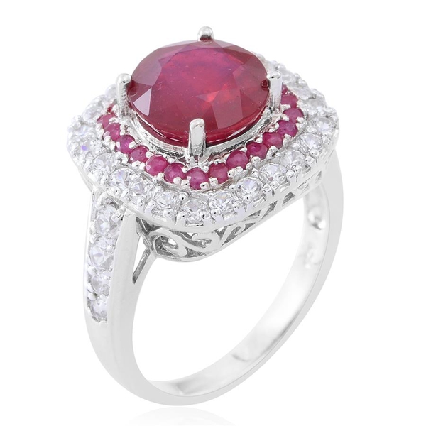 African Ruby (Rnd 5.25 Ct), Ruby and White Zircon Ring in Rhodium Plated Sterling Silver 7.350 Ct.