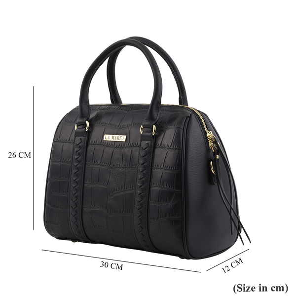 LA MAREY 100% Genuine Leather Croc Embossed Convertible Bag with Detachable Strap (Size 30x26x12 Cm) - Black