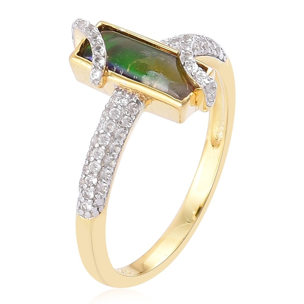 AA Canadian Ammolite (Bgt 1.25 Ct), Natural White Cambodian Zircon Ring in Yellow Gold Overlay Sterling Silver 1.680 Ct.