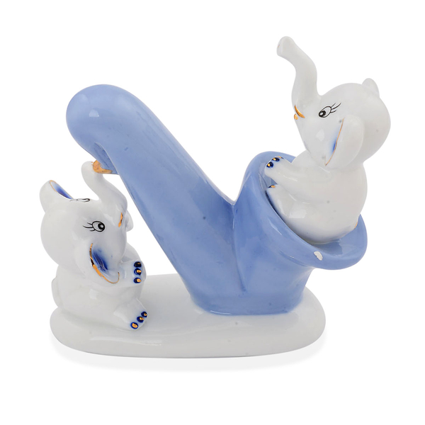 Home Decor - White and Blue Ceramic Two Elephants with Saxophone (Size 12.5x13.5 Cm)