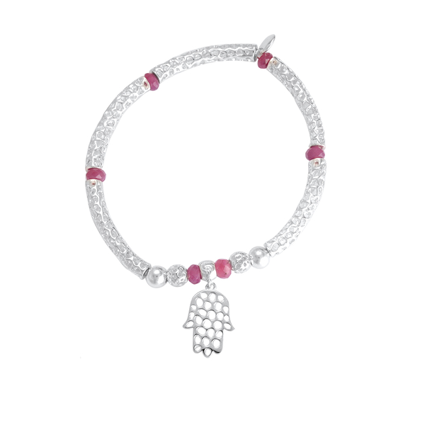 RACHEL GALLEY Sterling Silver Stranded Hand of Hamsa Bar Stretchable Bracelet with African Ruby Bead