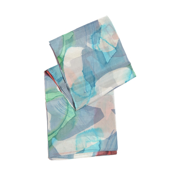 100% Mulberry Silk Blue, White and Multi Colour Handscreen Printed Scarf (Size 180X100 Cm)