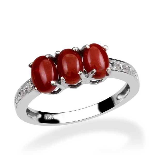 Natural Mediterranean Coral (Ovl), Diamond Ring in Platinum Overlay Sterling Silver 1.170 Ct.