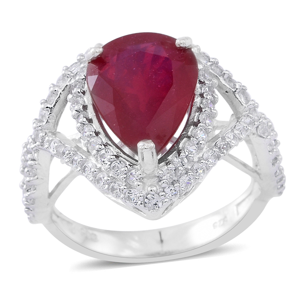 8 Ct African Ruby and White Zircon Classic Ring in Rhodium Plated Sterling Silver