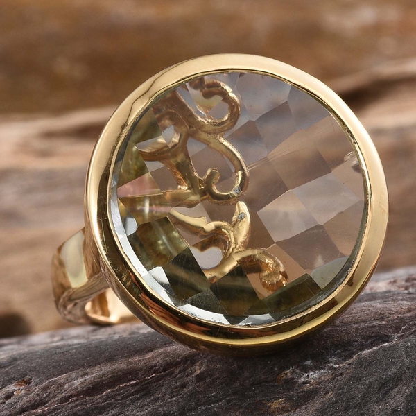 GP ROSE CUT Green Amethyst (Rnd 12.75 Ct), Kanchanaburi Blue Sapphire Ring in 14K Gold Overlay Sterling Silver 12.800 Ct.