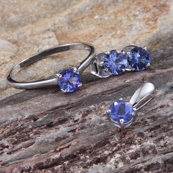 9K White Gold 2 Carat Tanzanite Round Solitaire Ring, Pendant and Stud Earrings Set.