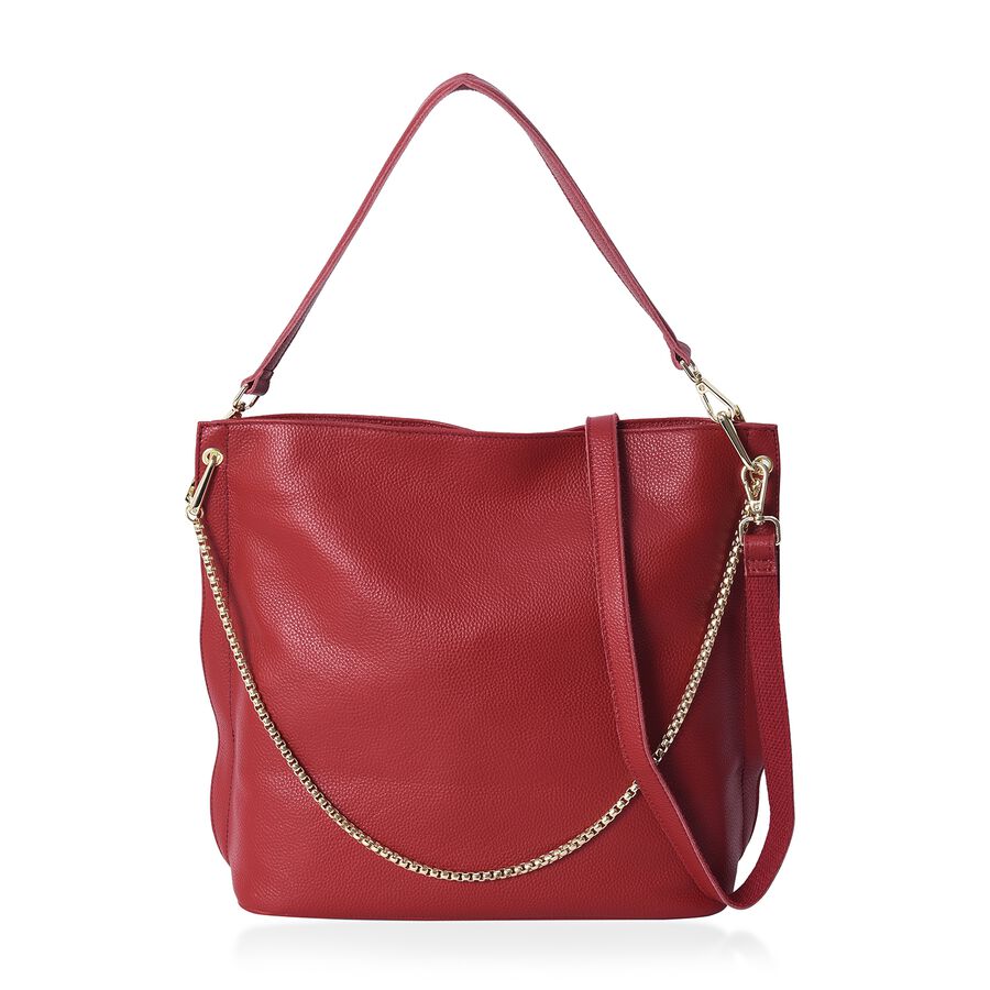 100% Genuine Leather Litchi Pattern Tote Bag with External Zipper Closure in Wine Red Size ...