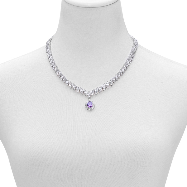 AAA Simulated Amethyst and Simulated White Diamond Necklace (Size 18 with 2 inch Extender) and Earrings (with Push Back) in Silver Tone