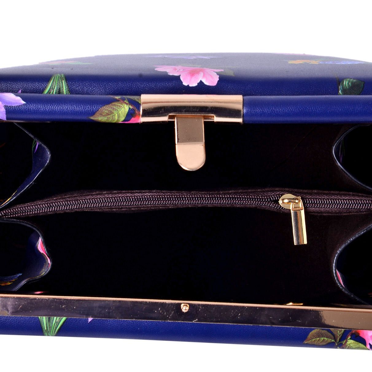 Navy and Multi Colour Floral Pattern Clutch Bag with Shoulder Strap (Size 22x21.5x14 Cm)