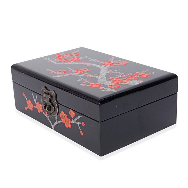 2 - Layer Plum Blossom Pattern Jewellery Box with Inside Mirror and Removable Tray (Size 21x14x7.5 Cm) - Black
