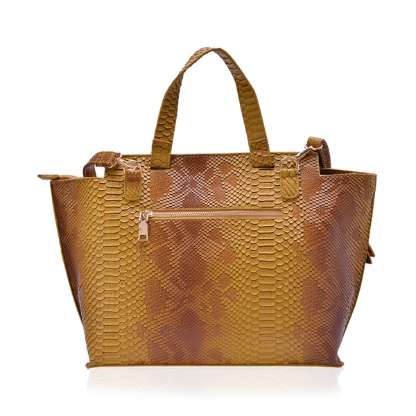 Bamboo Collection Yellow and Multi Colour Snake Embossed Tote Bag with External Zipper Pocket and Adjustable and Removable Shoulder Strap (Size 42x27x12 Cm)