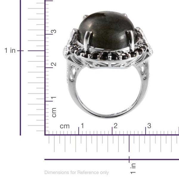 Labradorite (Ovl 19.00 Ct), Boi Ploi Black Spinel and Diamond Ring in Platinum Overlay Sterling Silver 21.020 Ct.