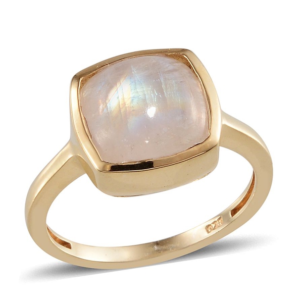 Rainbow Moonstone (Cush 5.25 Ct) Solitaire Ring in 14K Gold Overlay Sterling Silver 5.250 Ct.
