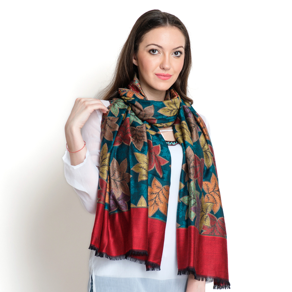100% Superfine Modal Multi Colour Leaves Pattern Red and Green Colour Jacquard Scarf (Size 190x70 Cm