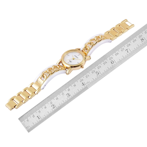 STRADA Japanese Movement MOP Dial Watch in Gold Tone with Stainless Steel Back and White Colour Strap