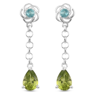 Natural Hebei Peridot and Blue Apatite Drop Earrings (with Push Back) in Sterling Silver 2.15 Ct.