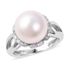 Edison Pearl and Zircon Solitaire Ring (Size U) in Rhodium Plated Sterling Silver