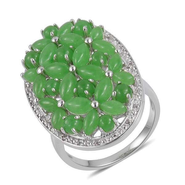 9.42 Ct Green Jade and Zircon Floral Ring in Rhodium Plated Silver 6.80 Grams