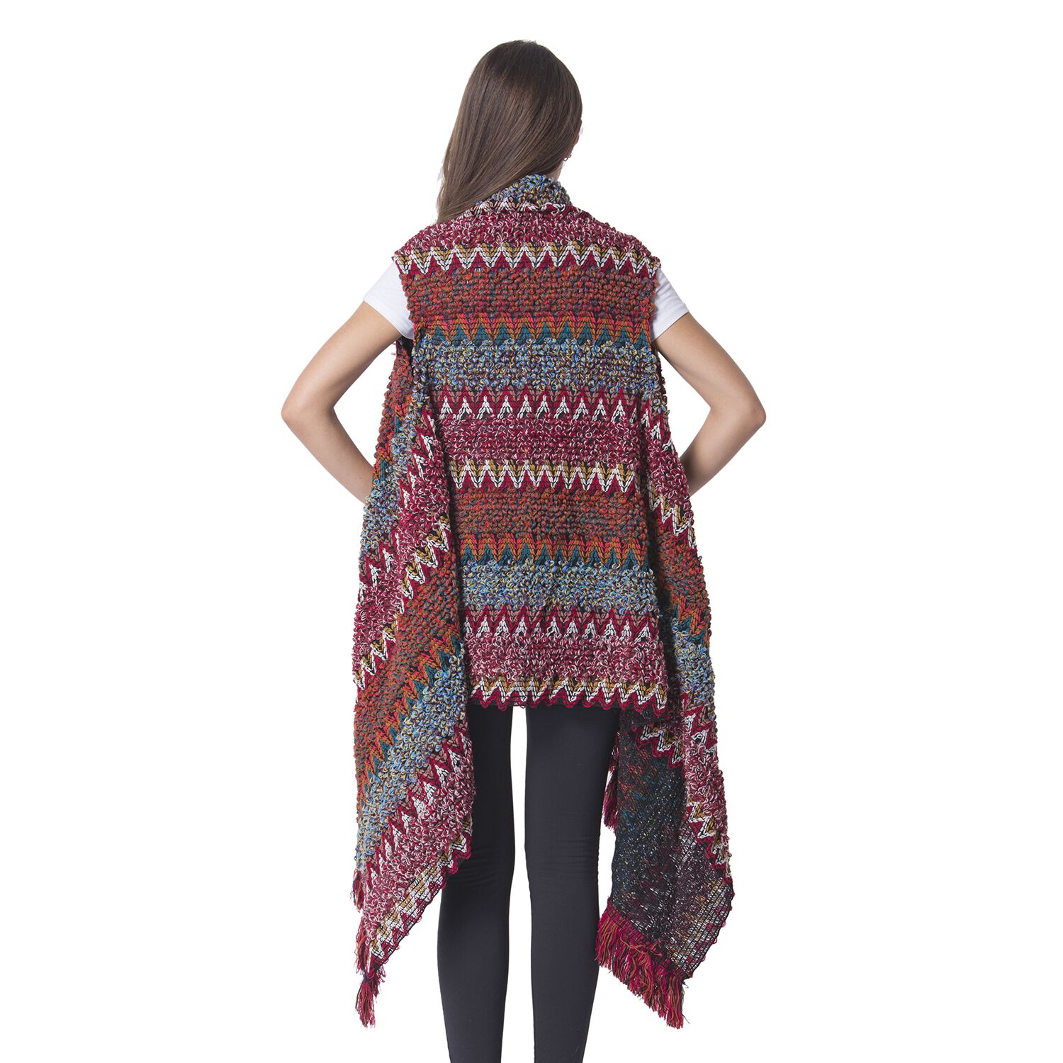 Italian Designer Inspired-Red and Multi Colour Chevron Pattern Kimono with Tassels (Size 75x50 Cm)