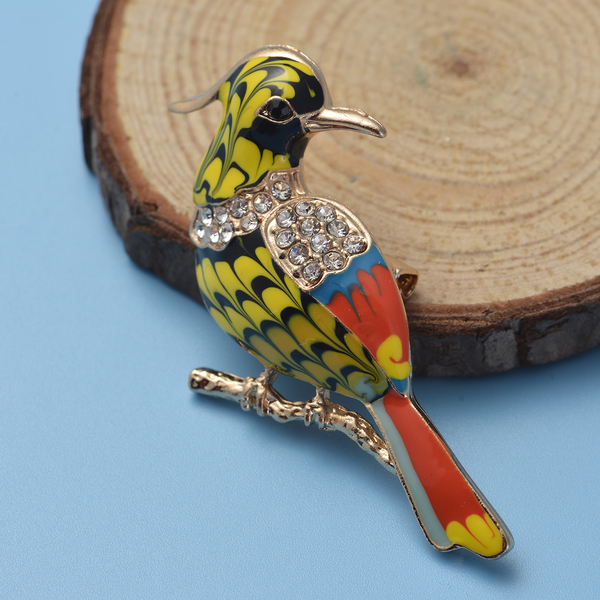 Black and White Austrian Crystal Enamelled Bird Brooch in Gold Tone
